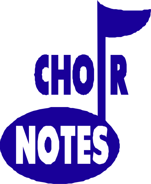 The image shows a logo with text that reads "CHOR NOTES" on top of an illustration featuring musical notes in blue against white backgrounds at both ends; there is also a small graphic resembling sheet music and a flag-like shape above it, all set within the confines of what appears to be a square or rectangular border.