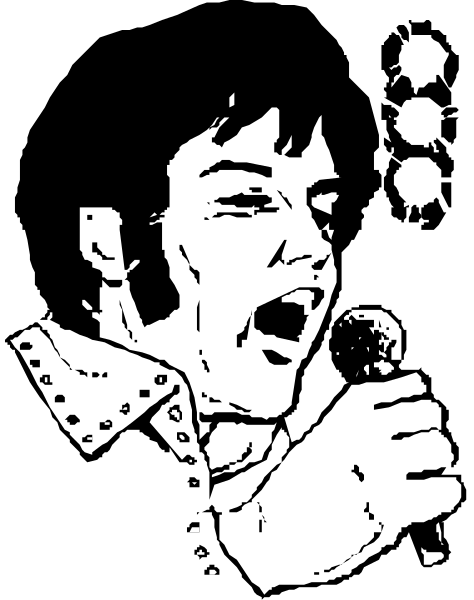 The black and white photo shows a person singing into a microphone on stage with their mouth open wide as if shouting or screaming during performance.
