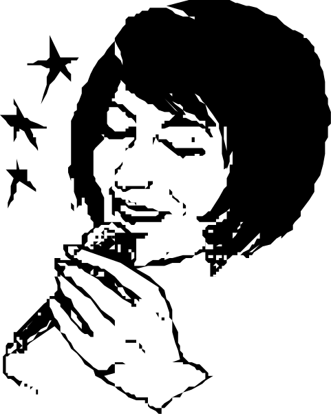 The black and white photo shows a woman singing into a microphone with her eyes closed; she is wearing earrings and has dark hair styled in an updo.