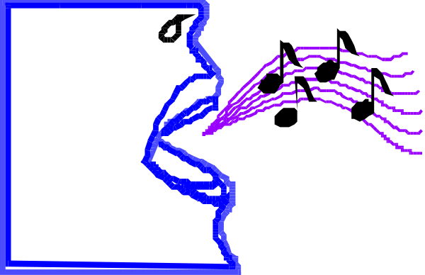 The image shows a cartoon of an open mouth with purple lines emanating from it towards two rectangles on either side; one rectangle has a face drawn in blue while the other is blank white space.