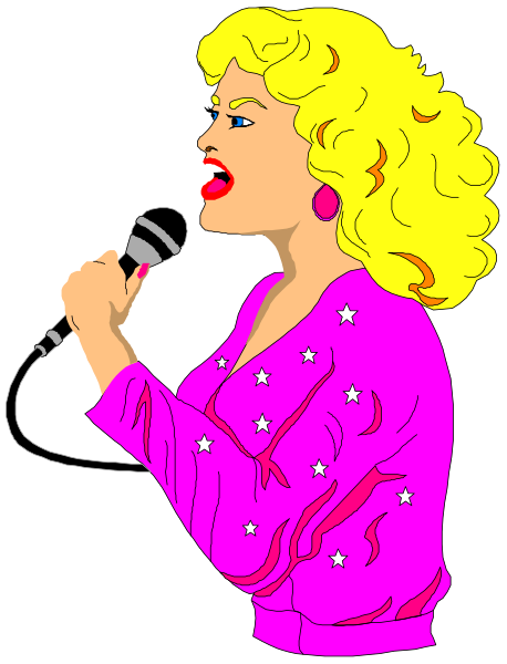 The illustration shows a woman with blonde hair wearing pink clothing singing into a microphone on stage.