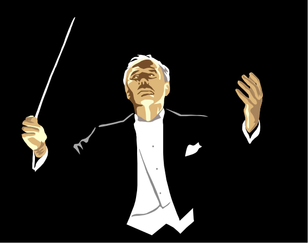 The image shows a black and white illustration of an elderly man dressed as a conductor with his arms raised above him in front of what appears to be an audience.