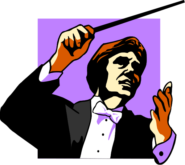 The image shows a man playing an instrument while standing on stage with his hands raised to conduct music; he is wearing formal attire including a suit jacket and tie.