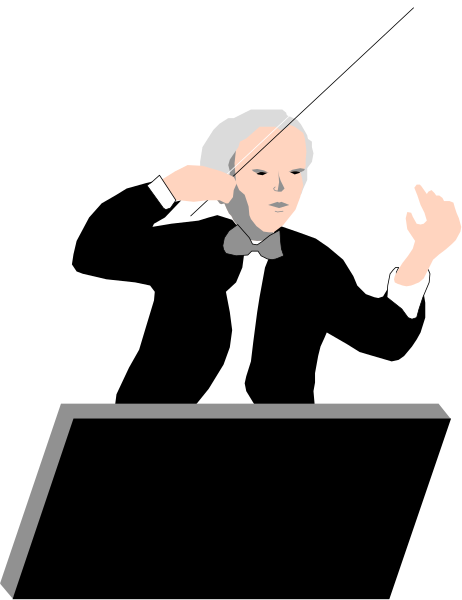 The image shows a cartoon of an animated conductor standing atop a podium with his hands raised to conduct music in front of him while wearing formal attire including a tuxedo jacket and bow tie, set against a black background that resembles concert lighting.