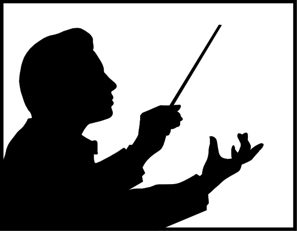 The image shows a black silhouette of an adult male conductor with his hands raised to either side as if conducting music in front of two windows that appear like eyes on each end; there is no background detail, and it's presented within what looks like a digital or computer-generated frame.