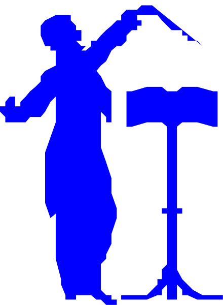 The image shows a silhouette of an individual playing musical instruments on stage with microphones around them; it is stylized in blue against a dark background.