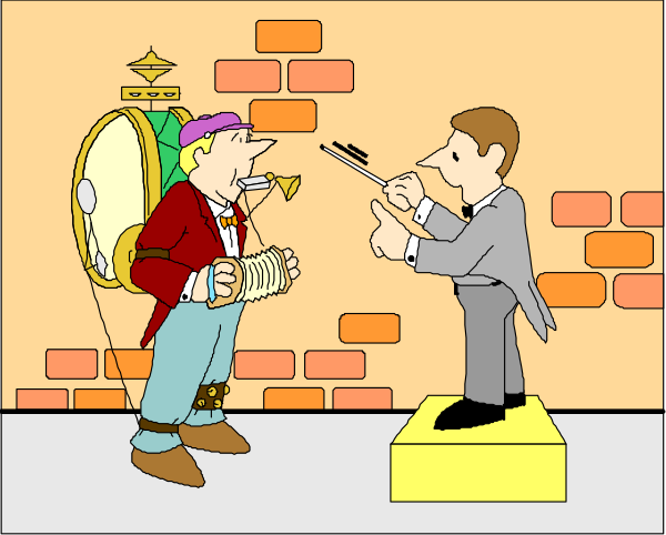 The comic strip shows a man playing an accordion next to another person who is pointing at him with their finger raised as if giving directions or making some sort of commentary about his performance.