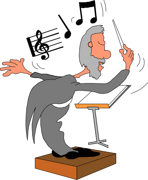 The cartoon depicts a man playing an instrument on stage with his arms outstretched as if conducting music while standing next to sheet music stand holding papers of musical notes.