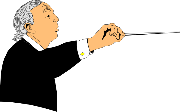 The black and white illustration shows a man playing an instrument with his right hand while holding up two fingers of his left hand as if conducting music.