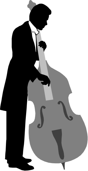 The image shows a silhouette of an upright bass against a dark background with vertical stripes that alternate between black and white.