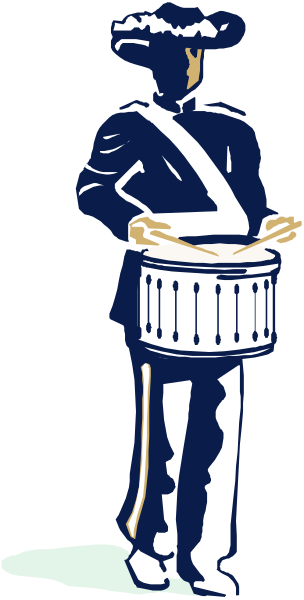 The image shows a black and white illustration of an animated character dressed as a drummer with drums at his feet standing in front of what appears to be a microphone on stage.