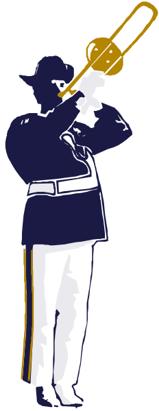 The image shows a black and white silhouette of an army band member playing trombone with his back to us while standing in front of another figure that appears to be conducting him.