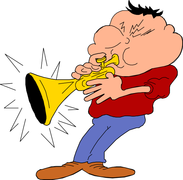 The cartoon shows a man playing an instrument that resembles a trumpet with his mouth open wide as if he's blowing into it.
