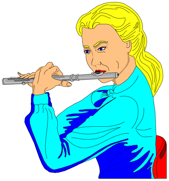 The image shows a cartoon of an older woman playing a flute with her eyes closed while standing against a dark background in front of what appears to be curtains on either side.