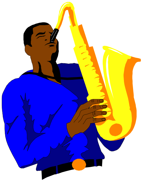 The illustration shows a man playing an alto saxophone with his eyes closed while standing on what appears to be a stage in front of microphones.