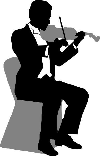 The image shows a black silhouette of an adult male figure playing a saxophone with his back to us in front of what appears to be a chair on stage against a dark background.