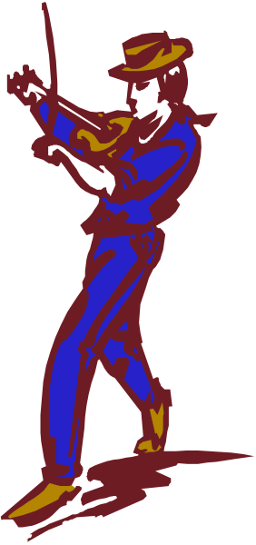 The image shows a cartoon of an animated man playing violin with his eyes closed while standing on stage against a red background.