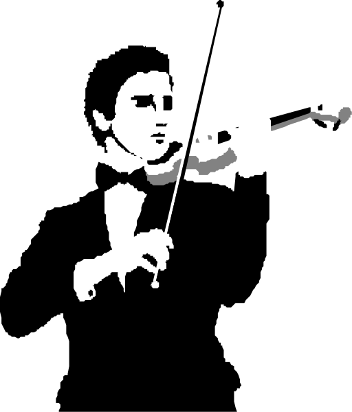 The black and white silhouette of a violinist playing an instrument with their head turned to look at something off-camera.