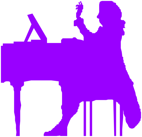 The image shows a purple silhouette of an animated character playing piano with their hands on keys that resemble musical notes in front of them; to the right is another figure holding what appears to be a microphone, and there's text above this second figure reading "LIVE" followed by three vertical lines.