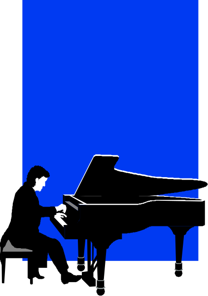 The image shows a silhouette of an adult male playing piano inside what appears to be a concert hall with blue lighting illuminating him from behind; he is seated at a grand piano in front of a window, and his hands rest on its keys as if poised for performance or practice.