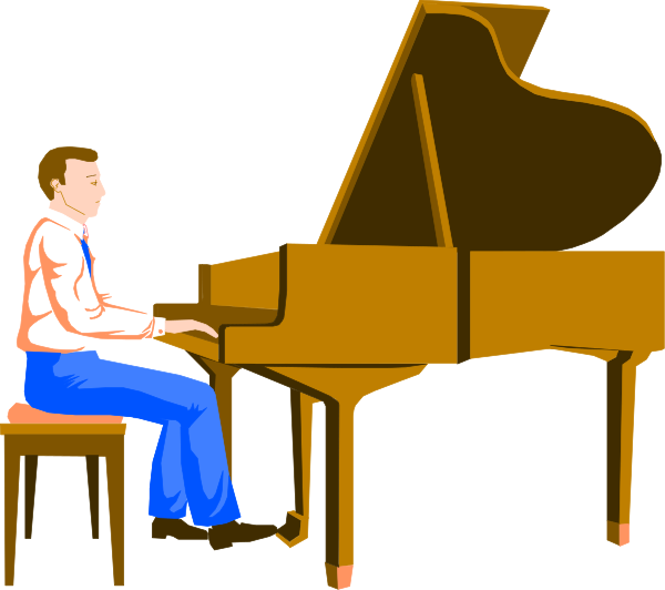 The image shows a man playing an upright piano while another person sits at it with their hands on top of the keys; both individuals appear to be engaged in music-making activity within what seems like a room designed for musical performance, indicated by presence of sheet music and possibly other instruments or equipment out of frame.