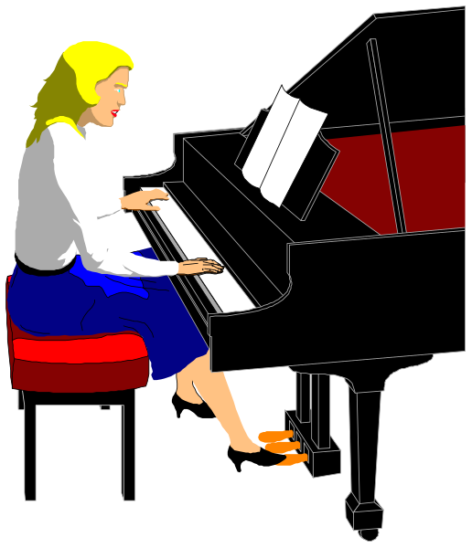 The illustration shows a woman playing an upright piano with sheet music open before her; she is seated on a red stool in front of it.