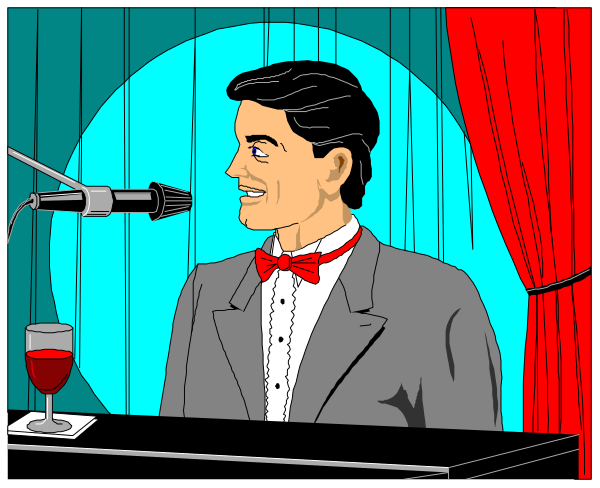 The cartoon shows a man standing at an open microphone on stage with curtains behind him; he is wearing a suit and tie, holding what appears to be a glass of wine in his hand.