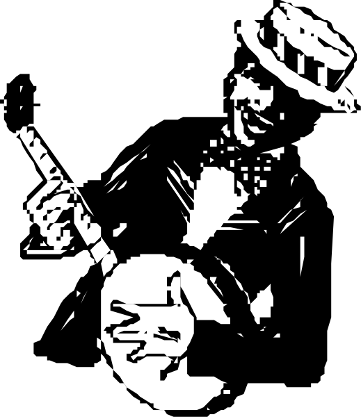 The black and white illustration shows a man playing an instrument that resembles a banjo while wearing what appears to be chef attire with a hat on his head; he is holding two spoons in each hand, suggesting motion as if strumming or plucking strings of the musical device.