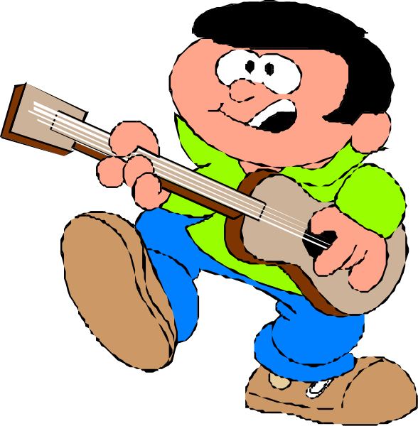 The image shows a cartoon of an animated character playing guitar with exaggerated facial expressions while running on what appears to be a black background.