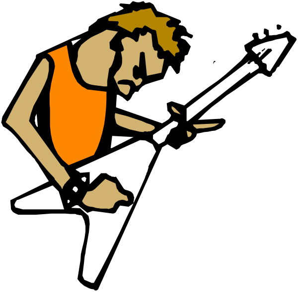 The black and white illustration shows two stylized figures playing electric guitars; on the left is a figure with long hair holding an orange guitar while looking down at it, wearing what appears to be a sleeveless top revealing tattoos, and on the right stands another figure in profile facing away from us.