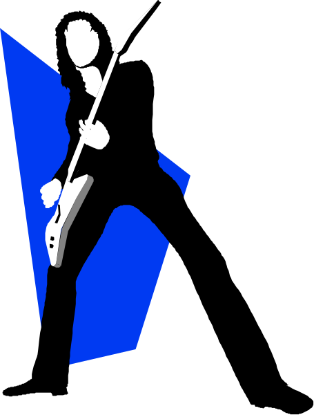 The image shows a black and white graphic of an electric guitar with blue highlights on its body, held by someone who appears to be playing it while standing in front of what looks like a door frame that is open at both ends.