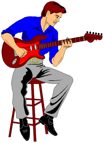 The illustration shows a man playing an electric guitar while sitting on a stool against a black background.