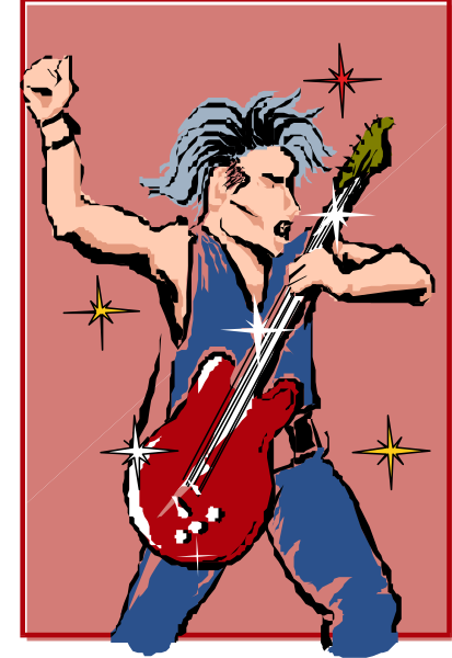 The image shows a stylized illustration of an animated male character playing guitar with his arms raised above him against a red background that has sparkles around it; he is wearing blue jeans and sunglasses, holding a microphone in one hand while strumming the other on the electric guitar.