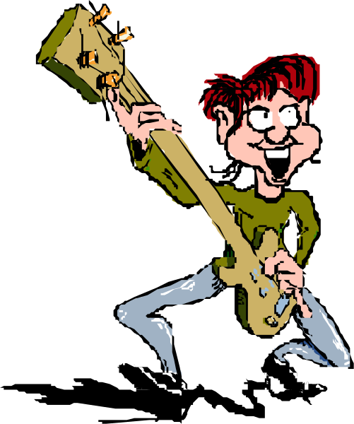 The cartoon shows a man playing an electric guitar with his mouth open as if singing while standing on stage holding a microphone stand in front of him; he is wearing jeans and has short hair.