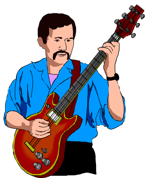 The image shows a man playing an electric guitar with his eyes closed while wearing sunglasses on top of his head; he has facial hair and is dressed in casual attire including what appears to be overalls, suggesting that this could possibly represent John Lennon from "The Beatles."