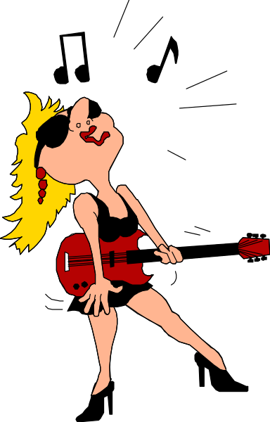 The image shows a cartoon of an animated female character playing guitar with her legs spread apart while standing on what appears to be a stage in front of microphones.