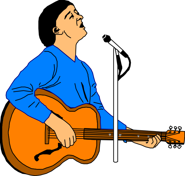 The illustration shows a man playing an acoustic guitar on stage while singing into a microphone with his eyes closed.