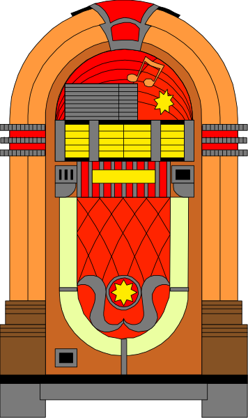 The image shows a colorful jukebox with various decorations on its front panel including what appears to be an orange flame design at top center, red flames in two corners of upper section, yellow stars above lower sections and below them is a large pink heart shape that has musical notes inside it.