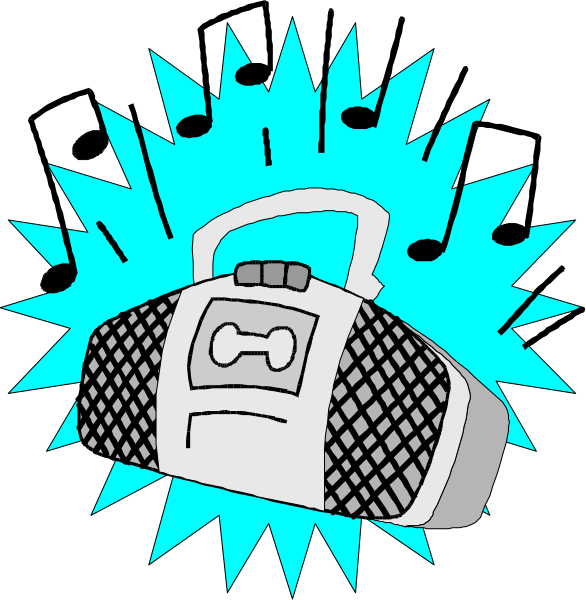 The image shows a black and white illustration of two speakers with blue sparks around them on either side against a dark background; there is no text present in this clip-art image.