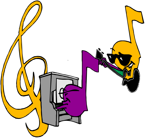 The image features a cartoon character playing an instrument with musical notes around it on black background.