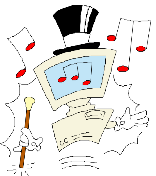 The cartoon features a computer with music notes on its screen next to an anthropomorphic robot holding musical instruments; there's also a mouse cursor pointing at it from above.