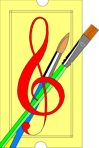 The image shows a digital illustration of an open book with musical notes on its cover that resemble sheet music for treble clef instruments; inside is a pencil drawing depicting various colored paintbrushes and pens, suggesting creativity or artistic tools.