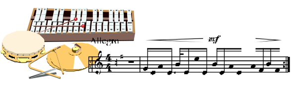 The image shows a keyboard with drumsticks on it placed next to an organ pipe instrument against a gray background.