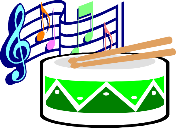 The image shows a cartoon depiction of musical instruments: two drumsticks on top left corner; music notes above them in blue with white stems; an upright bass to their right side; treble clef and staff below it, indicating sheet music for piano or keyboard instrument; a green cake decorated like a bongo drum at the bottom center.