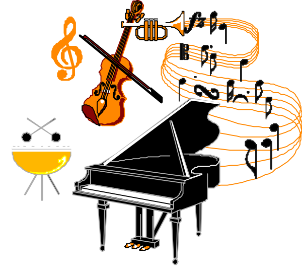 The image shows a collection of musical instruments including an upright piano with sheet music on it, violin bow, treble clef symbolizing notes in music notation, saxophone mouthpiece, guitar pickups and strings, drumsticks resting against drums or bongo-like percussion instrument. There is also a small bowl that could be used for holding items like picks or brushes during musical performances. The background appears to have an abstract design with swirling lines suggesting movement or energy associated with music creation.