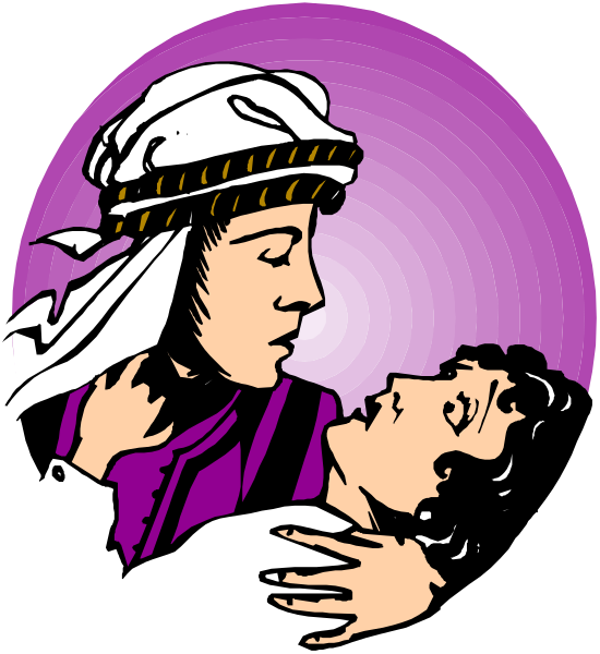 The image shows a cartoon of two characters: an older woman with white hair wearing traditional Middle Eastern attire (a hijab) who is embracing another character that appears to be male in Western clothing; both figures have serious expressions and appear to be engaged in conversation or interaction, set against a purple background.