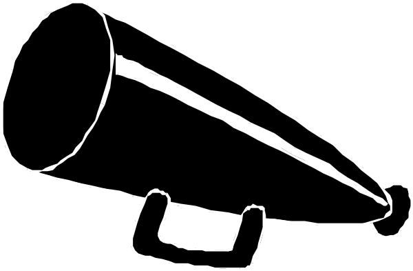The black and white line drawing shows a megaphone with two handles on either side of it placed against what appears to be an unseen background.