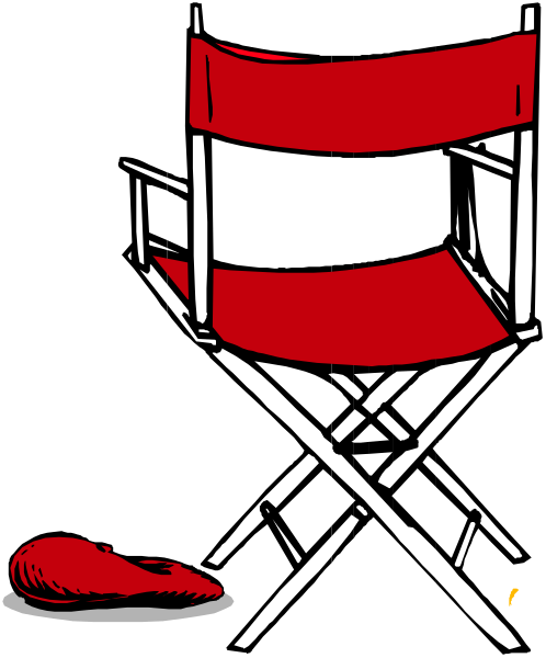 The black and white illustration shows a red director's chair with an attached wooden armrest on its right side next to which is placed what appears to be a small bird in flight; behind these items stands a large, empty film clapperboard against a dark background.