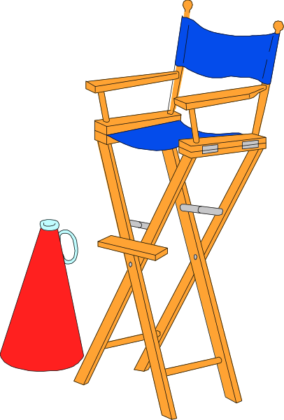 The image shows a wooden director's chair with blue cushions on it next to an orange tripod stand that has two legs extended upwards; in front of these items is a red cone-shaped object, and there appears to be some kind of small item resembling a cup or container between the objects.