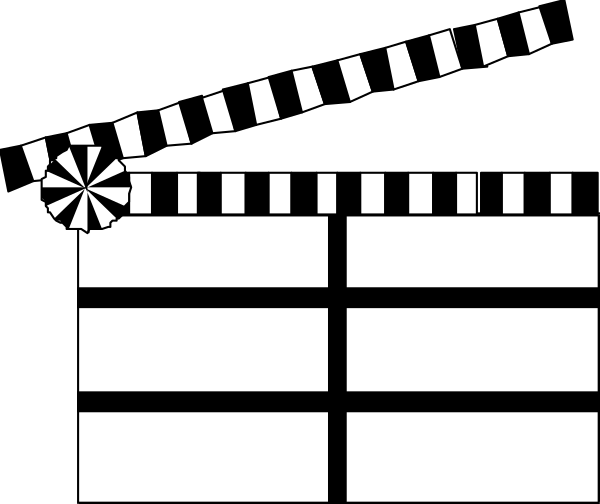 The black and white logo of a film clapperboard with reels on either side is displayed against an abstract background that includes geometric shapes in shades of gray and brown.